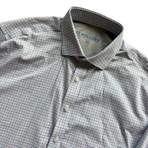 Twillory Performance Dress Shirt Men's 17 34/35 Navy Orange Check Stretch Tailor